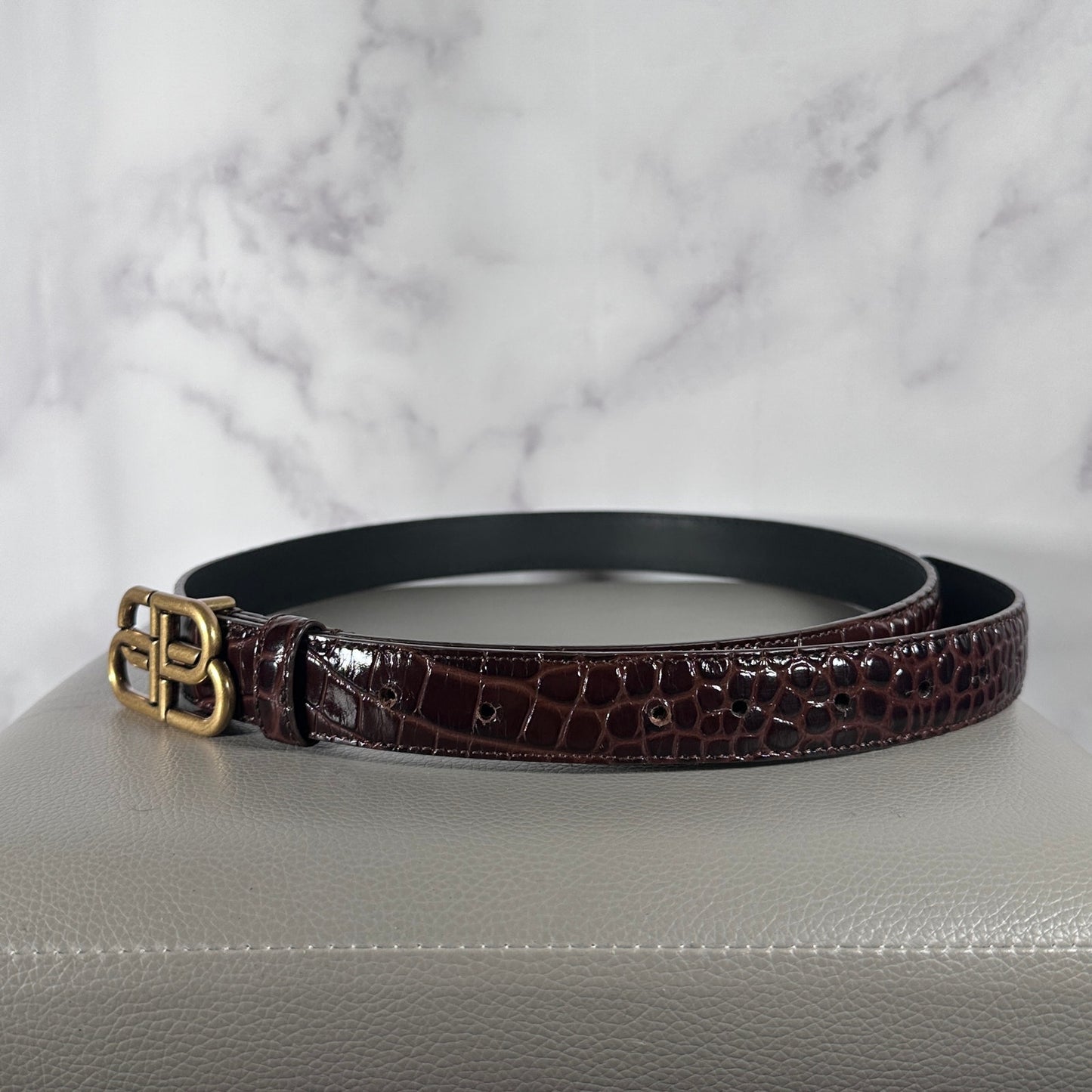 Balenciaga BB Shiny Croc Embossed Leather Belt
