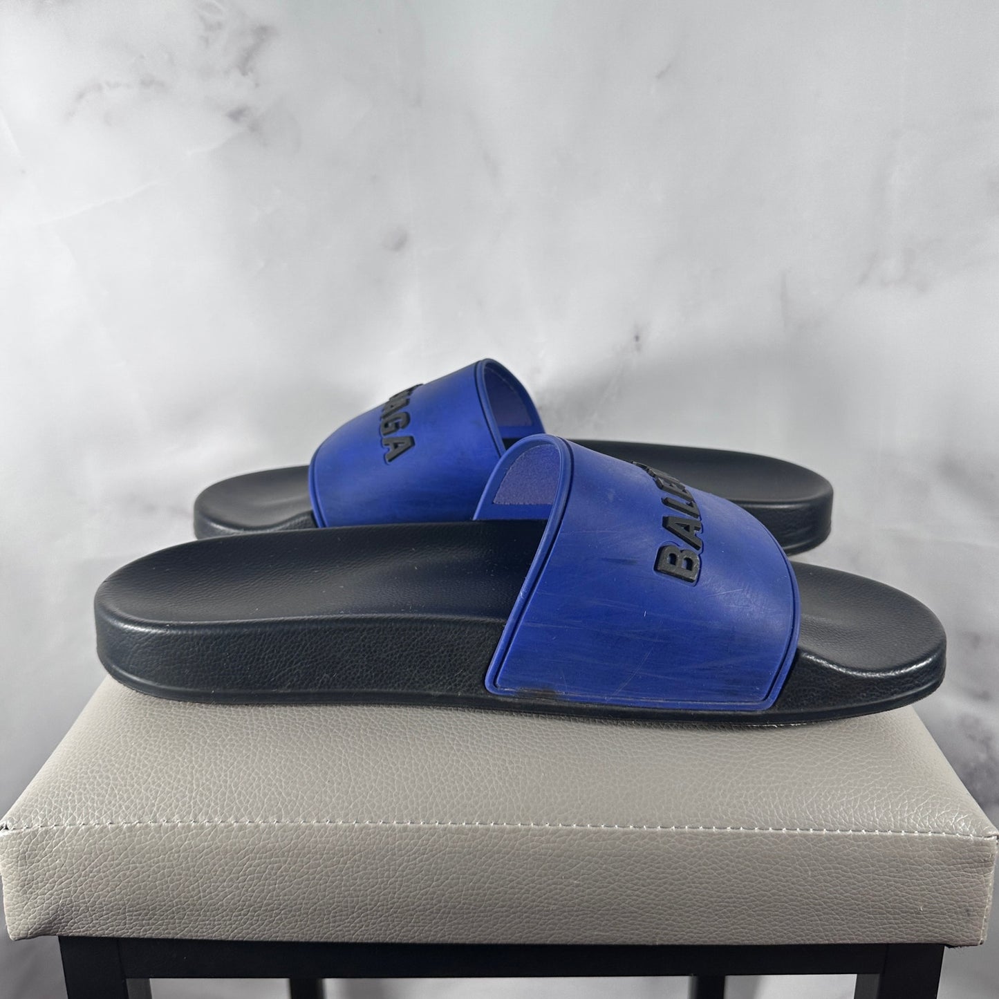 Balenciaga Blue/Black Text Logo Pool Slides