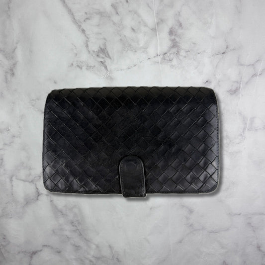 Bottega Veneta Intrecciato Leather Black Woven Long Bifold Wallet