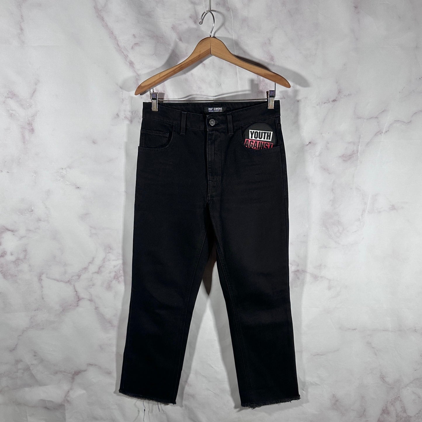 RAF Simons S/S21 Black ‘Youth Against’ Cropped Patch Denim