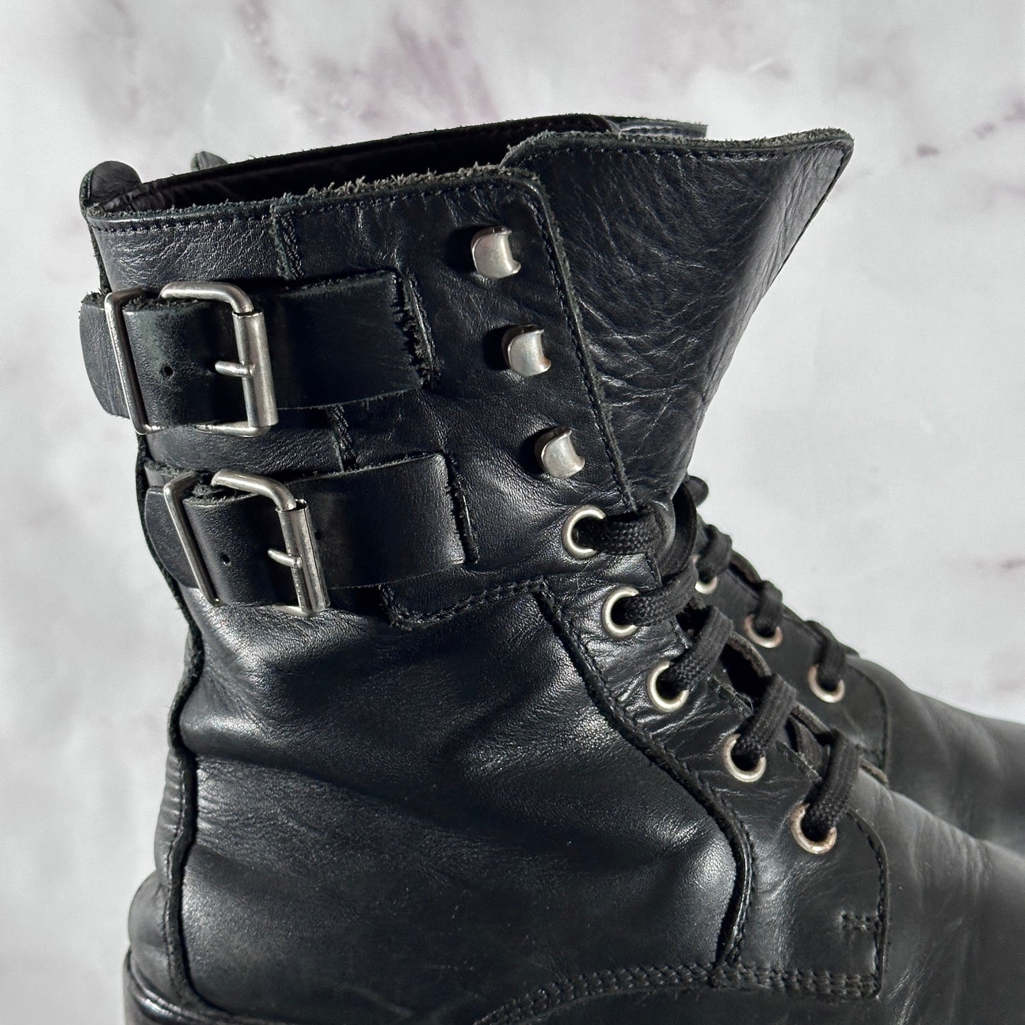 Raf Simons A/W06 Black Leather Belted Combat Boots