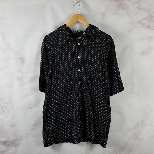 Vintage 70s House of Yorke Seersucker Navy Polka Dot Shirt
