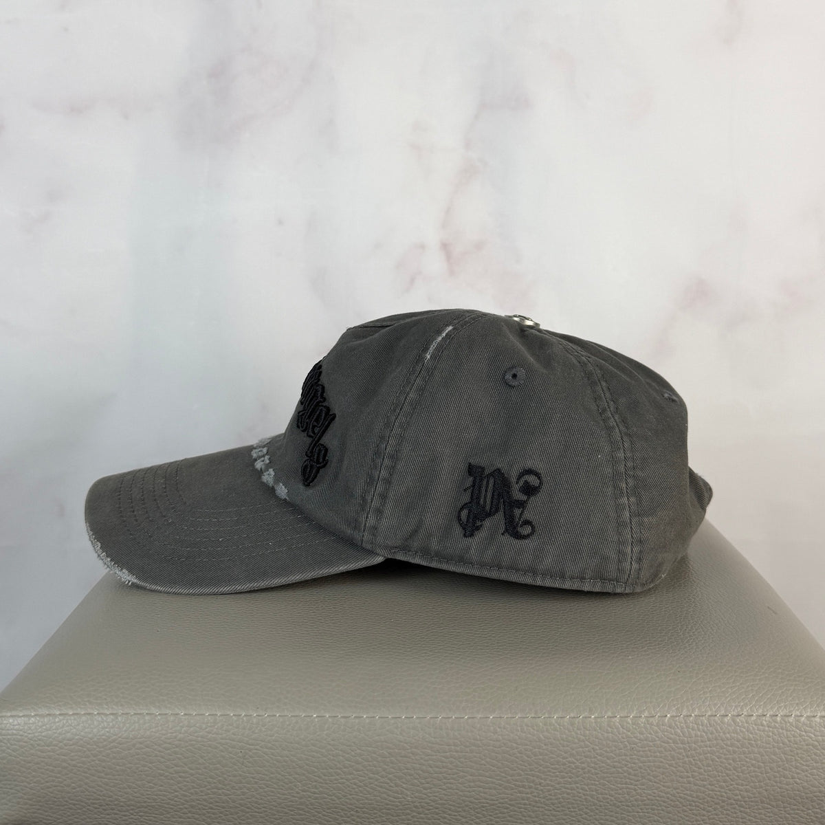 Palm Angels Grey Distressed Logo Hat