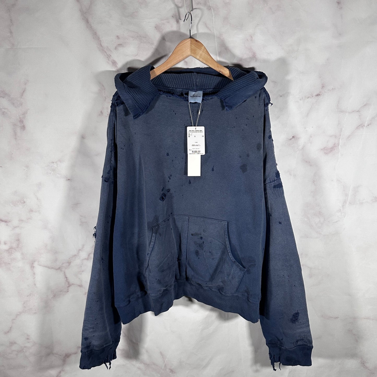READYMADE Navy Double Face Distressed Hoodie