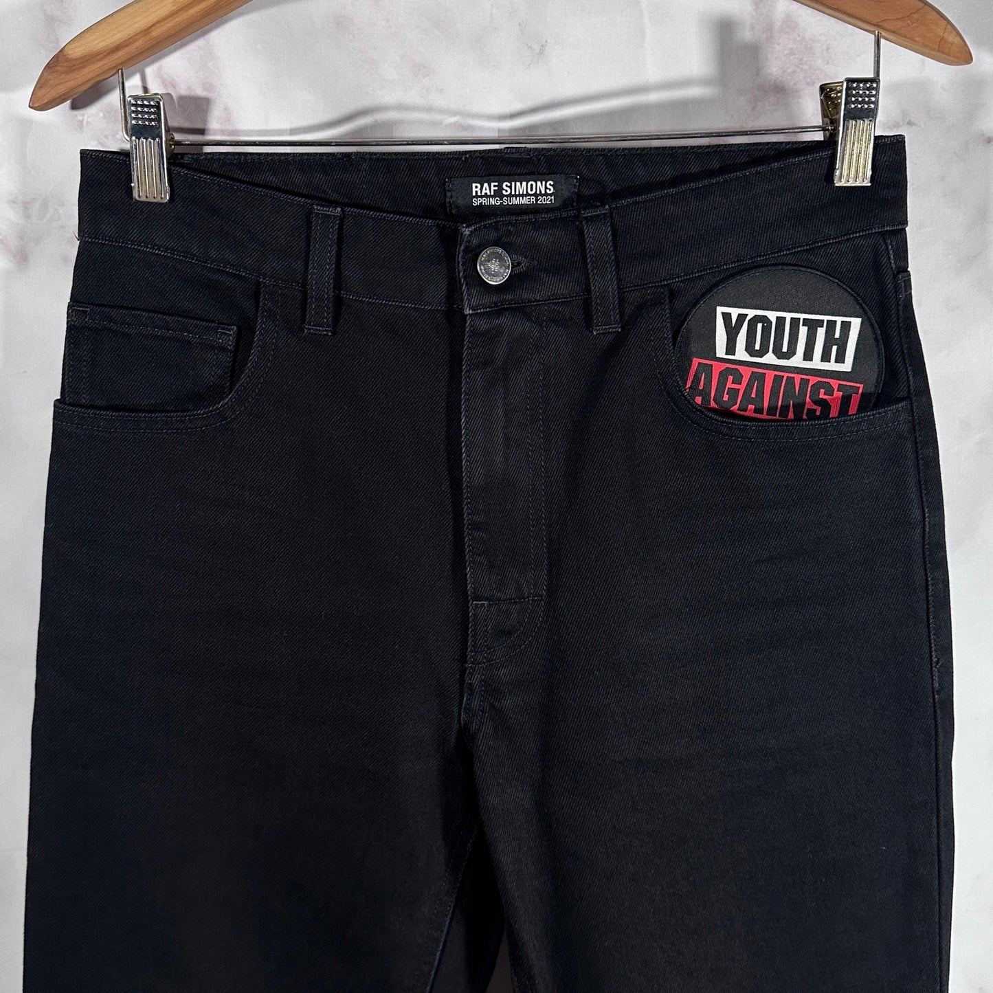 RAF Simons S/S21 Black ‘Youth Against’ Cropped Patch Denim