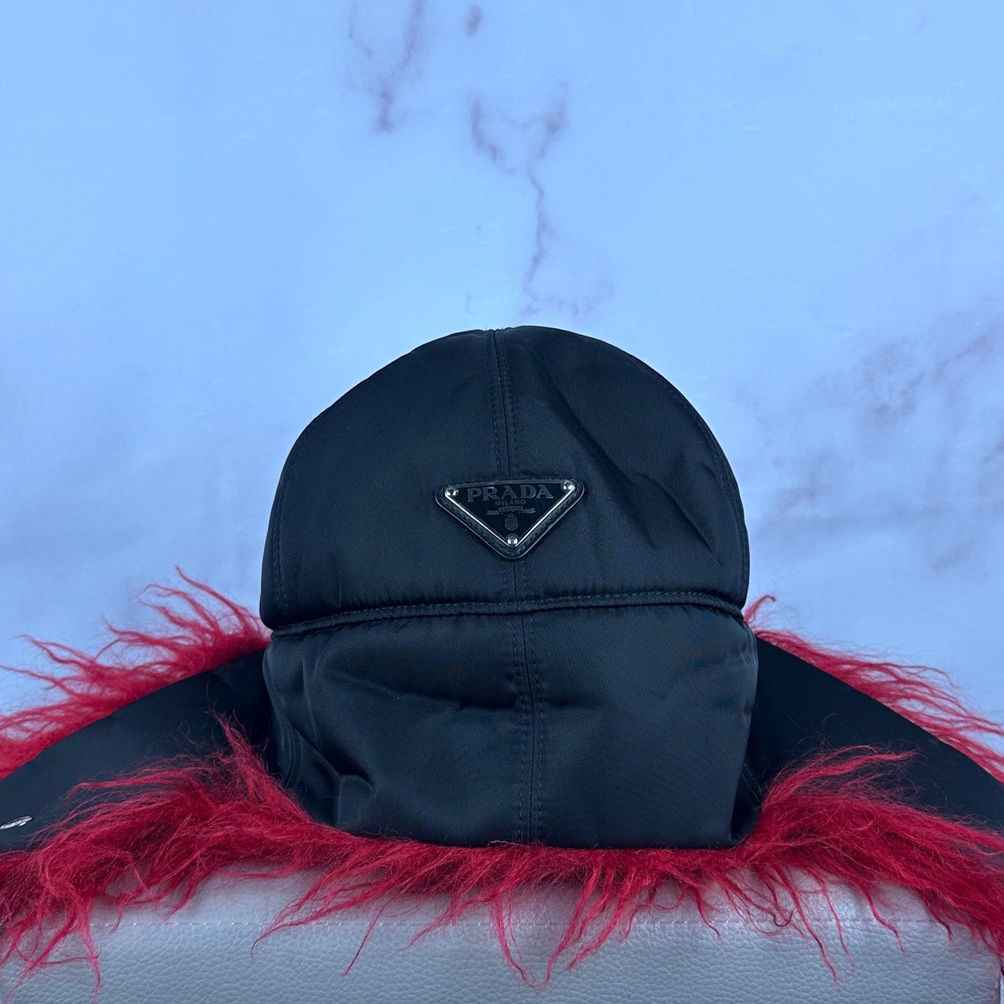 Prada F/W19 Runway Re-Nylon Mohair Black/Red Trapper Hat