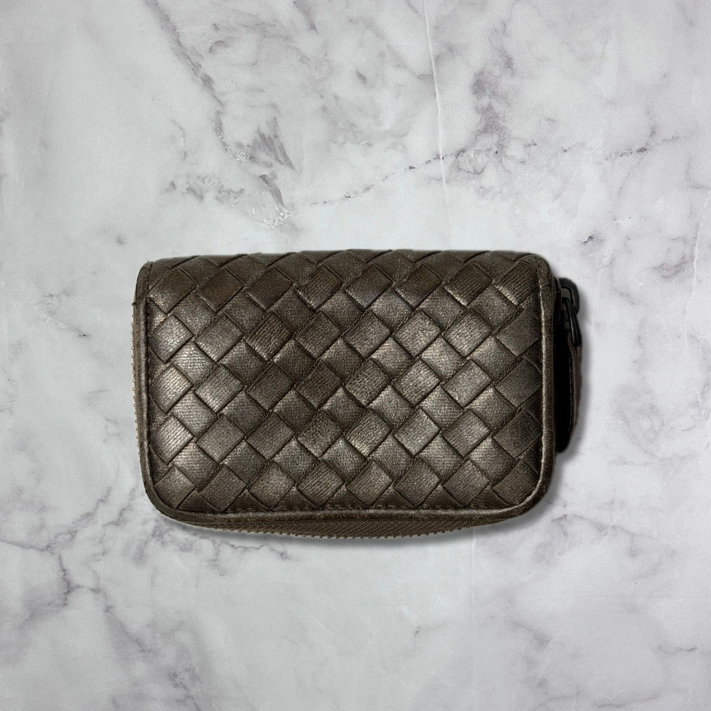 Bottega Veneta Intrecciato Woven Metallic Leather Zipper Wallet