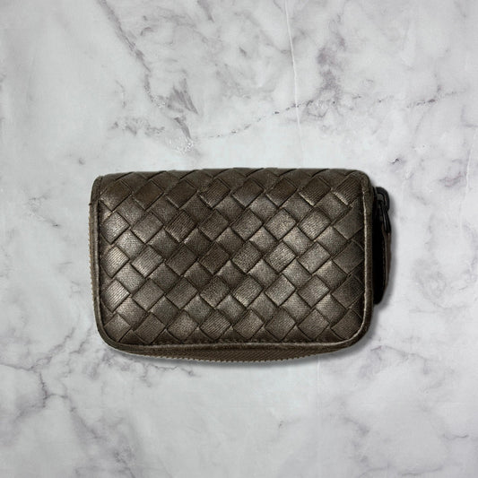 Bottega Veneta Intrecciato Woven Metallic Leather Zipper Wallet