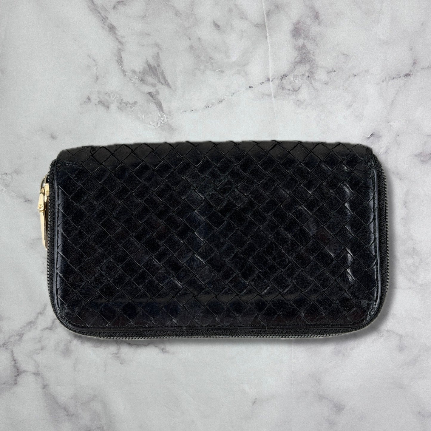 Bottega Veneta Intrecciato Leather Black Woven Long Zipper Wallet