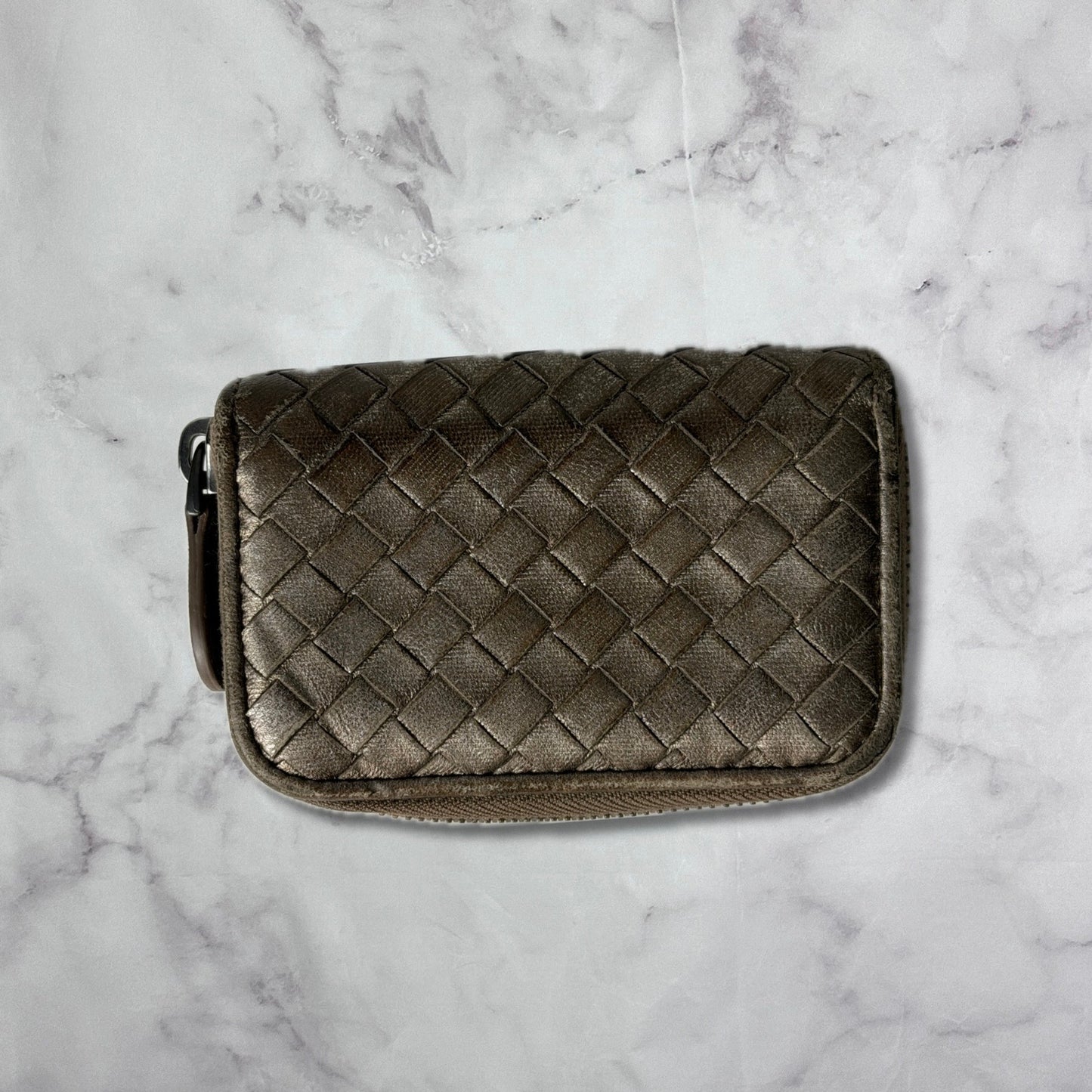 Bottega Veneta Intrecciato Woven Metallic Leather Zipper Wallet