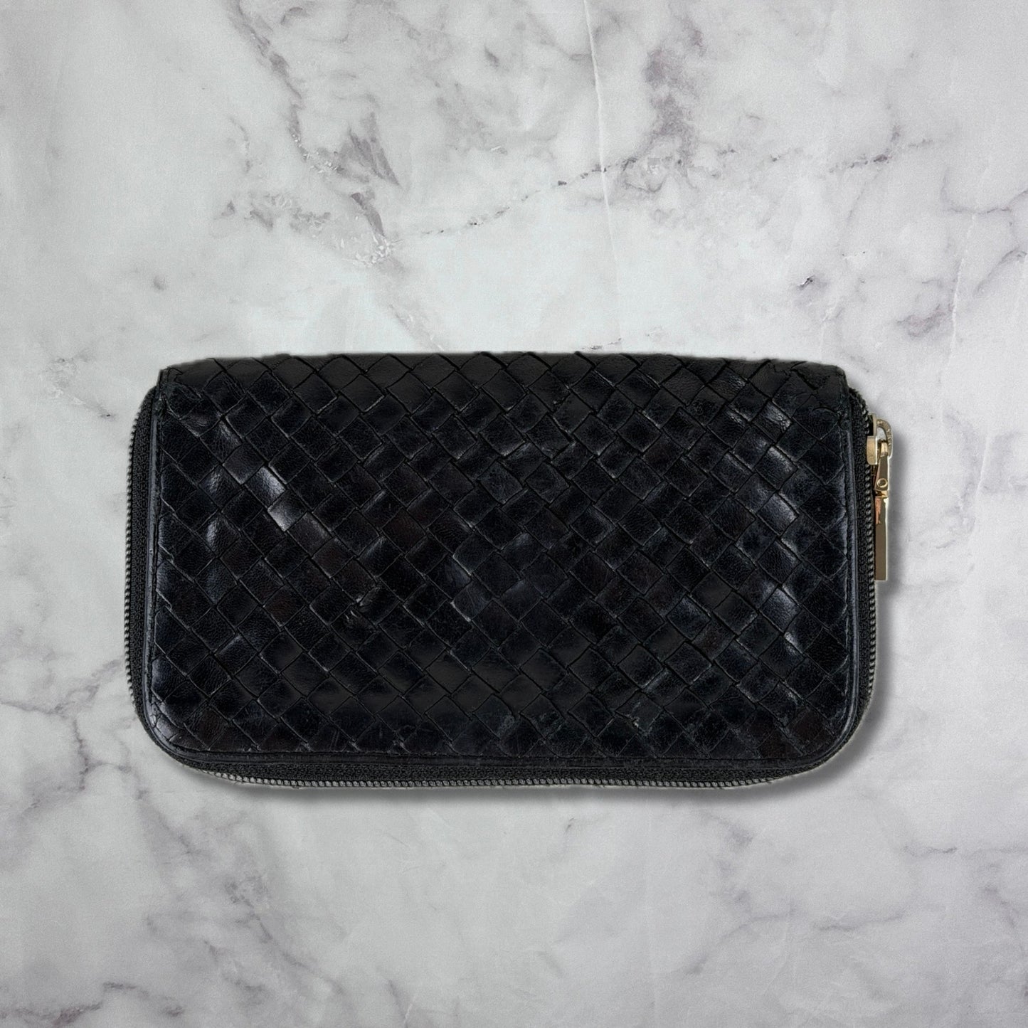 Bottega Veneta Intrecciato Leather Black Woven Long Zipper Wallet