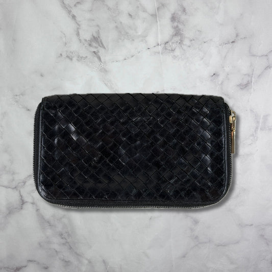 Bottega Veneta Intrecciato Leather Black Woven Long Zipper Wallet