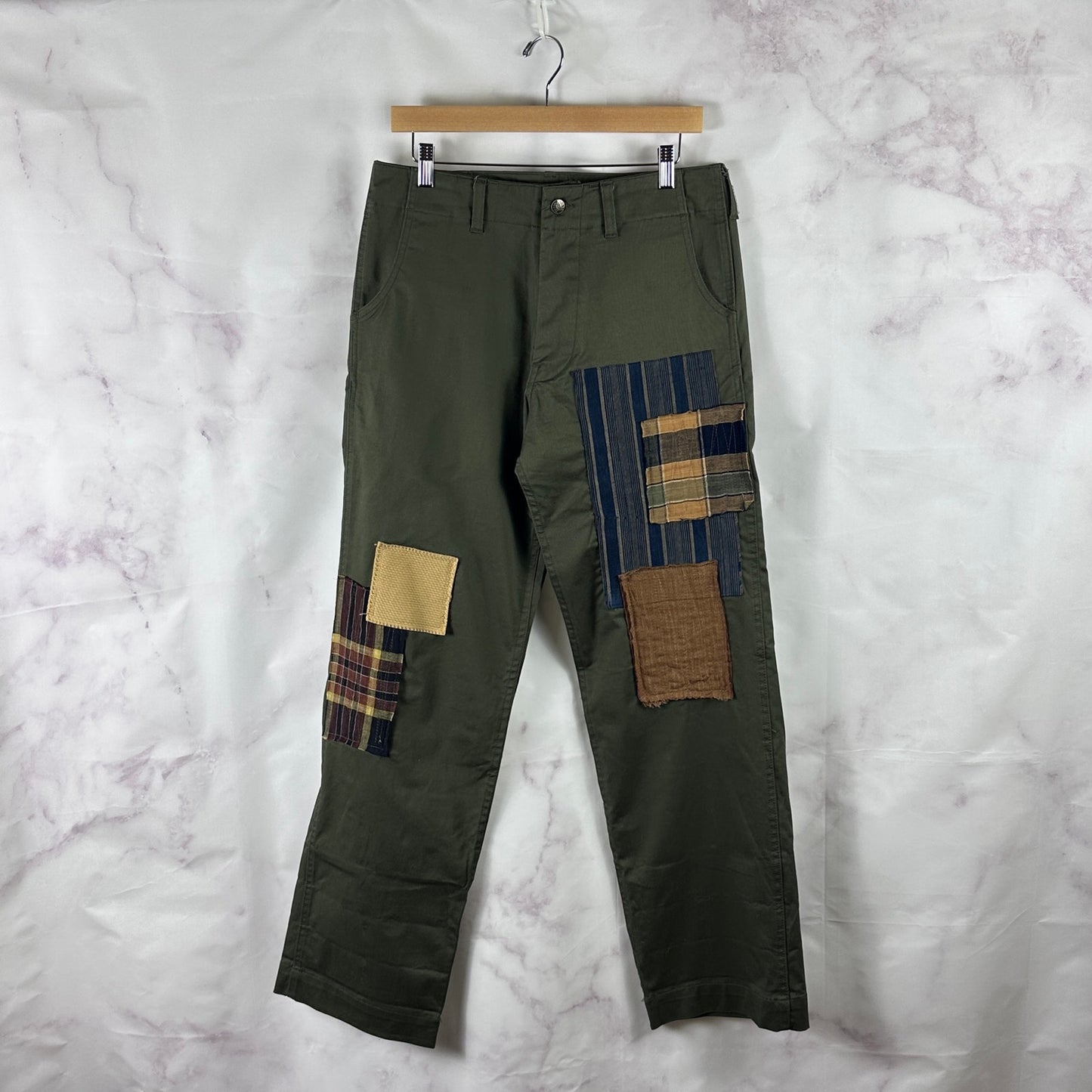 Kiriko Made Green Officer Patchwork Chino Pants