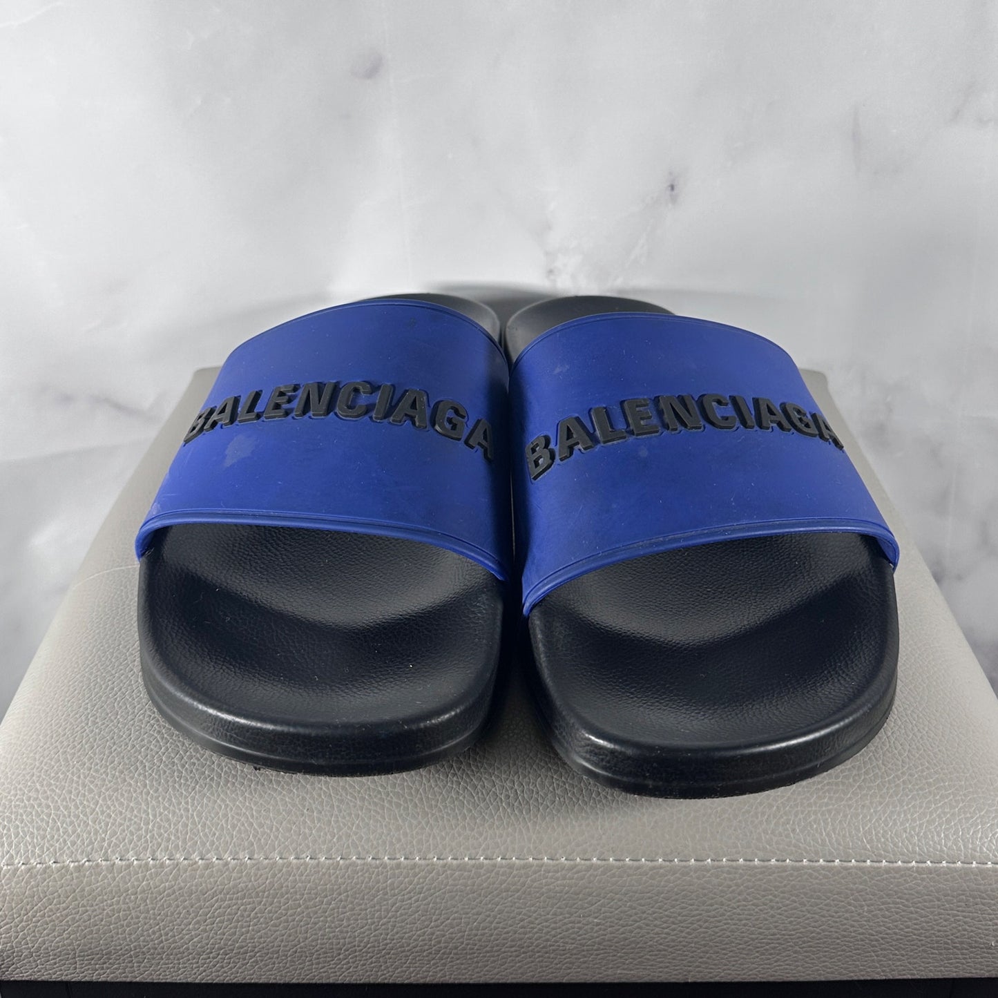 Balenciaga Blue/Black Text Logo Pool Slides