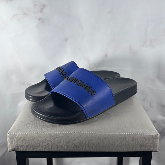 Balenciaga Blue/Black Text Logo Pool Slides