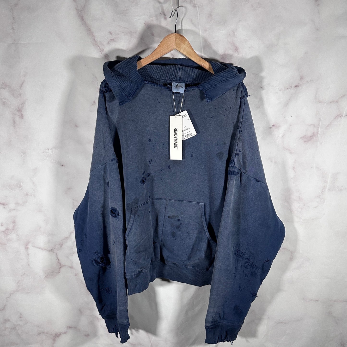 READYMADE Navy Double Face Distressed Hoodie