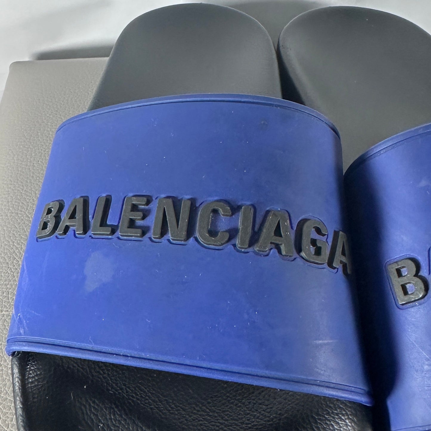 Balenciaga Blue/Black Text Logo Pool Slides